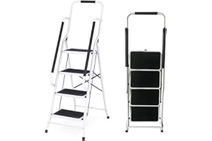 EFANHOME Escabeau Robuste à 4 Marches avec Main Courante de Sécurité Tabouret Pliant Portable Marches en Caoutchouc Antidérapant Pédales Capacité de Charge Maximale 150kg