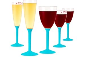 TABLE'COLORS Flutes Champagne Plastique (20) + Verres Plastique Reutilisable (20) - Gobelet, Verre a Pied Coloré - Design Idéal pour Anniversaire, Mariage, Noël - 100% Recyclable et Réutilisable (Turquoise)