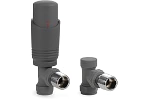 VANCOCO Anthracite Grey Thermostatic Radiator Valves 15mm (TRV) with Lockshield, 1/2"×15mm Angled Radiator Thermostat Valve, H62 Brass, Energy Saving Modern TRV for Central Heating Syetem