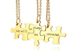 FLHEART BFF Puzzle Necklace For Best Friends - 3 Pcs Stainless Steel Stitching Pendant Engraved We Will Always Be Connected Matching Necklace for Sister Girls Friendship Jewellery Gifts for Christmas Birthday