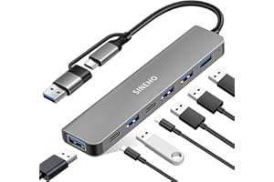 SINEHO Hub USB Dual 7 en 1 (Entrada USB-C y USB-A), Adaptador USB C con USB 3.0, 4xUSB 2.0, Puertos Datos USB-C Duales para Laptops, PC