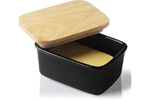 Sweejar Home Porcelain Butter Dish with Lid, Airtight Large Butter Keeper with Wooden Lid, Butter Container Perfect for 2 Sticks of Butter West or East Coast Butter (Black)