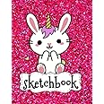 Sketchbook: Cute Unicorn Kawaii Bunny Rabbit On Pink Glitter Effect Background, Large Sketch Book For Girls, 120 Pages, 8.5" x 11", Blank Paper For ... & Crayon Coloring (Girly Artist Gifts)