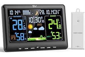 LIORQUE Estacion Meteorologica Interior Exterior, Pantalla Grande a Color, Monitor de Temperatura y Humedad, Presión Atmosférica, Fases Lunares, Reloj Digital con Alarma y Snooze
