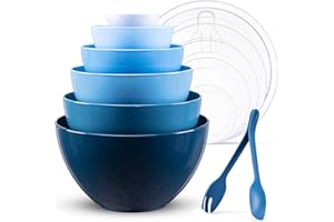 Luxear Lot de 6 Bol Mélangeur avec Couvercle 0,2-6,5L, Grand Saladier avec Fourchette et Cuillère Sans BPA Bol Plastique Reutilisable Bol Cuisine Empilable Passent Micro-ondes et Lave-vaisselle, Bleu