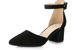 Ankis Closed Toe Heels for Women -Black Nude Gold Silver Pointed Toe Heels Low Block Chunky Women Court Shoes with Ankle Strap -2.25 Inch