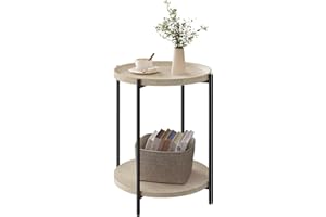 WOLTU Mesa de Centro, Mesa Auxiliar Redonda con 2 Estantes, Mesita de Noche, Mesilla para Sofá Dormitorio y Salon, MDF+Metal, Roble Claro y Negro, 43x43x51 cm, BTS06hei