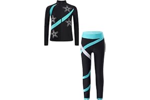 Freebily Kinder Trainingsanzüg Mädchen Eiskunstlauf Anzug Jacke Leggings Set Mit Strass-Stern Und Patchwork Eislaufen Sport Sweatsuit Tanzanzug