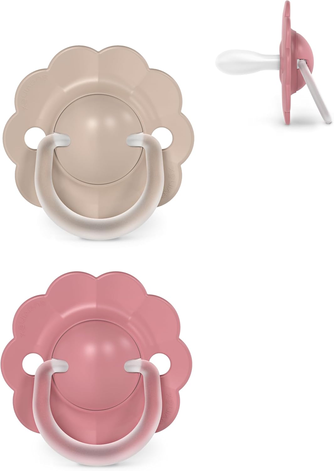 Suavinex, Pack 2 Chupetes Bebés 6/18 Meses, con Tetina Fisiológica de Silicona SX Pro, Simétrica, Plana y Flexible, Respeta el Desarrollo Bucodental, con Anilla, Evita Rozaduras, Wonder Beige + Rosa