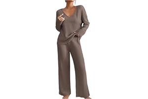 GENERIC Tracksuit Womens Full Set Lounge Wear Womens Co Ord Sets Ladies Travel Outfits V Neck Leisure Suits Airport Outfit Women 2 Piece Set Outfit Knitted Long Sleeve Blouse and Pant Set