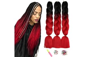Kanekalon Meches Tresse Cheveux, Meches Pour Tresses Africaine, ShowJarlly 24" Jumbo Braids Meches 3Paquets Extension de Cheveux Tresse Ombre Jumbo Extension de Fibre Synthétique(Noir/rouge#)