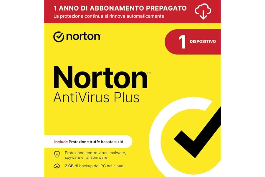 Norton Antivirus Plus 2025| 1 Dispositivo| 1 anno rinnovo automatico|Digital Download