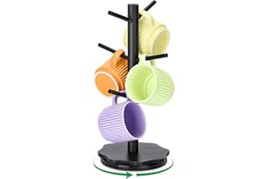 Euqvunn Porta Tazzine da Caffè Girevole a 360°, Supporto Tazze legno con Robusta Base in Legno a Petalo, Coffee Mug Holder，Porta Tazzine da Caffè Salvaspazio, Albero per Tazze– nero