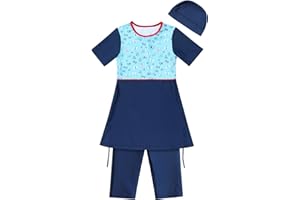 IMEKIS Kind Mädchen Muslimische Bademode Blume Schmetterlingsdruck Bescheidene Badeanzüge islamische Burkini Outfit Kurzarm Kapuze Badetop mit Kurz Hose 2pcs Tankinis Badeanzug