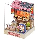 Miniature Store Dollhouse with Dust Cover Wooden Furniture DIY Dollhouse Kit with LED Light Birthday Gift for Teens and Children Japanese Business