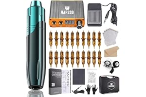 Harsso Tattoo Rotary Pen Machine Kit z 20 nabojami/zasilanie/pedał nożny/Fake Haut i pudełko, kompletny zestaw do tatuażu dla licencjonowanych atystów i początkujących Niebieski