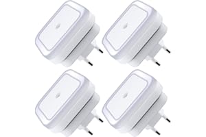 DLAND Lampada notturna a LED con sensore ON / OFF automatico intelligente Set di 4, lampada plug-in DART 0.5w per camera da letto, bagno, corridoio, scale o camera oscura Luminosità morbida. (Bianca)