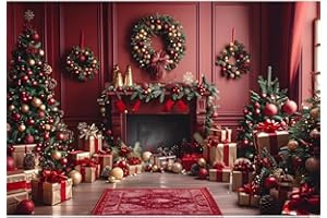 YongFoto 3x2m Camino interno Fondali fotografici Albero di Natale e regali Decorazione della stanza rossa in Mattina di Natale Carta da parati Sfondo Tema familiare Foto Studio Spara oggetti