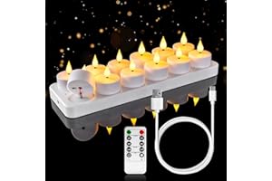 ‎HOMEMORY Homemory LED 12er Teelichter Wiederaufladbar mit Fernbedienung Ladestation, Aufladbare LED Teelichter Kerzen Flackernd mit Timer für Party Zimmer Halloween Weihnachten Deko