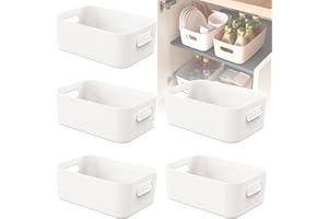 W&H 5 PCS White Plastic Storage Boxes Small with Handle, Storage Baskets for Shelves, Kitchen, Office, Fridge, Bathroom and Home, Mini Organiser Boxes Rectangle - 8.2×5.5×2.7 Inch
