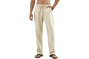 CMTOP Pantaloni Lino Uomo Casual Cotone Pantaloni Estivi Uomo Coulisse Pantaloni Lunghi Casual Pantalone Spiaggia Leggeri Pantaloni per Vacanza Beach