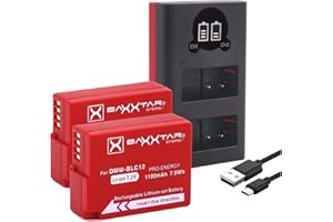 Baxxtar 2X Pro Kamera-Akku DMW-BLC12 E DMW-BLC12E mit Mini 18622 LCD DUAL Ladegerät (Eingang USB-C und MicroUSB)