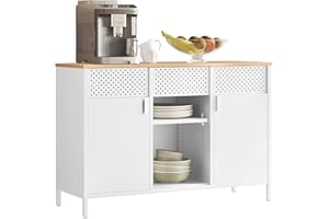 SONGMICS Armario de Almacenamiento, Armario de Metal, Aparador con Puertas Dobles, Cierre Magnético, Estantes Ajustables, Marco de Acero, Blanco Mate y Beige Roble LSC204WC01