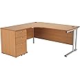 Office Hippo Heavy Duty Left Corner Radial Desk With 3 Drawer High Storage, Home Office PC Desk, Silver MFC - Beech Frame, 160cm x 160.4cm