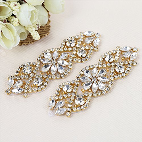 (2PCS) Hochzeit Strass Gürtel Applikation Braut Kristall Schärpen Applikationen kurze Elegante Funkelnde Nähen Hot Fix für Braut Gürtel Frauen Kleider Cocktail Gem Abschlussball Kostümparty -Gold