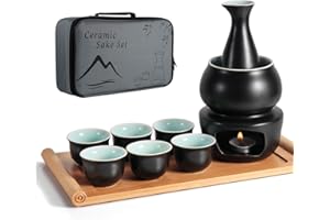 LOUTYTUO Ensemble de saké en céramique + plateau en bambou de pot plus chaud, boisson chaude de Saki de poterie sûre de cuisinière, boîte-cadeau de stockage de saké de 10 pièces