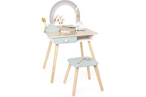 Janod Tavolino da Toilette per Bambina, Tema Unicorno, Gioco d'imitazione, Tavolino da Toilette con Specchio e Sgabello Giocattolo, 10 Accessori, Dimensioni 56,6 x 42,5 x 86,25 cm, da 3 Anni