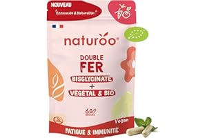 NATUROO NUTRITION Double Fer Bio : Bisglycinate + Végétal - 60 Gélules Vegan (2 mois) - Fatigue, Globules Rouges, Immunité, avec Vitamines B2 & C - Fabriqué en France
