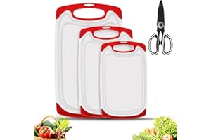 SMYIDEL Pogrubiona plastikowa deska do krojenia do kuchni, deski do krojenia z rowkami na sok, większe maty do cięcia, odwracalna, lekka, bez BPA, nadaje się do mycia w zmywarce, 3 sztuki. (czerwona)