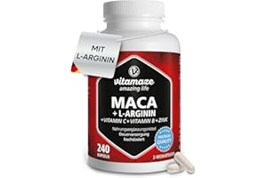 ‎VITAMAZE - AMAZING LIFE Maca Kapseln hochdosiert + L-Arginin + Vitamine + Zink, 240 Kapseln, Pulver aus der Maca Wurzel für 2 Monate, Pflanzliche Nahrungsergänzung ohne Zusätze, Made in Germany
