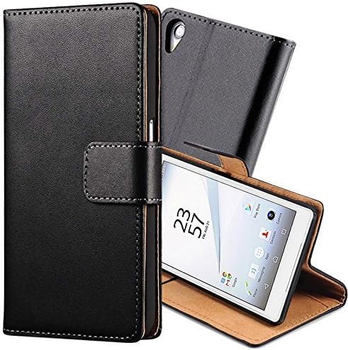 Black Genuine Leather Wallet Book Style Slim Kickstand Flip Case For Sony Xperia (Xperia M5 (E5603))