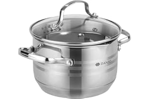 Daniks Tokio Pentola Acciaio Inox con Coperchio, 2 L Ø 16 cm, Pasta con Scolapasta Incorporato, per Induzione e Gas, Scala di Misura, Argento