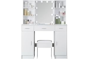 Umeiga Large Dressing Table Set with LED Mirror and Stool, Makeup Vanity Table Set with Mirror, Makeup Table Drawers Storage Unit Cosmetic Dresser For Living Room, Bedroom Furniture
