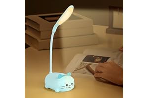 Hojalis Lampada da Scrivania a LED a Forma di Gatto, Lampada da Tavolo a LED con Supporto per Cellulare, Ricaricabile USB, Lampada da Lettura Regolabile a Collo di Cigno, Regalo per Bambini (Blu)