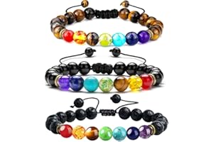 Aieraczy 7 Chakras Pulseras Mujer y Hombre, 3 Piezas Pulseras Piedra Natural, Ojo de Tigre Pulseras, Trenzada Elásticas Lava Yoga Cuentas Pulseras para regalos de Cumpleaños y Aniversario