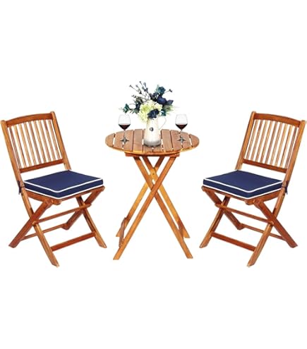 COSTWAY 3tlg. Balkonmöbel Set, Bistrotisch mit 2 Stühlen, klappbares Balkonset aus Akazienholz mit 2 Kissen, Bistroset, Gartengarnitur, Gartenmöbel, Sitzgarnitur, Sitzgruppe für Garten, Balkon (Beige
