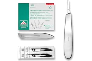 ‎MAY Set - 100 Stück Skalpellklingen Figur 18 aus Karbonstahl - Ersatzklingen einzeln steril verpackt + 1 x May - Skalpell-Halter - Edelstahl