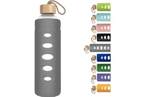 Ferexer 1 l / 1 l / 1000 ml sportowa butelka na wodę ze szkła borokrzemowego z ochronnym silikonowym rękawem i pokrywką bambusową (szara)