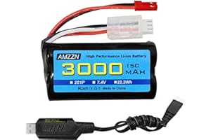 AMZZN 7,4V 3000mAh 15C 2S JST-2P Prise Batterie Lithium-ION avec câble de Charge USB, Convient pour UDIRC UD1601 UD1602 SG1603 RC véhicule, Rapport 1/10, 1/12, 1/16 RC véhicule, Camion RC Navire