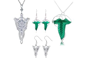 HJYZY 4 pcs Vintage Green Leaf Elven Earrings Pin Brooch Pendant Chain Necklace Earrings Elven Leaf Aragorn Arwen Evenstar Pendant Necklace Earrings