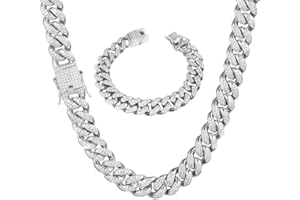 MIRKUZI Colliers pour homme, Chaîne pour hommes chaîne cubaine collier en cristal de glace Hip Hop rappeur bijoux pour hommes cadeaux pour hommes 50 cm (12 mm) argent