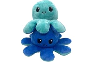 XEANCO Octopus Plushie, Double-Sided Flip Reversible Octopus Plush, Soft Stuffed Octopus Plush, for Girls Boys Kids Friends, Emotion Octopus Perfect for Playing & Expressing Mood Sea Green Blue)