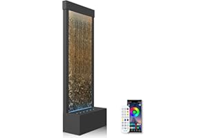 ‎LONGRUN Longrun großer Gartenbrunnen, LED beleuchteter Zimmerbrunnen Wasserfall, 121 cm Bronze Spiegel Zimmerwasserwand mit Pumpe