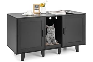 COSTWAY Meuble Litière Chat en Bois Double Porte 3 en 1, Planche à Griffer, 6 Pieds Surélevés Amovibles, 6 Passe-Câble, Maison de Toilette Chat, 120 × 52 × 65 CM (Noir)