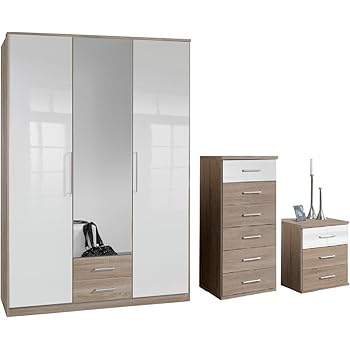 Bedroom Furniture Set Oak Gloss White 3 Door Wardrobe With