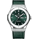 Men Quartz Watch | Formal & Casual Looking | with Green Dial and Green Leather Strap | Date & Day Feature | Adjustable Buckle